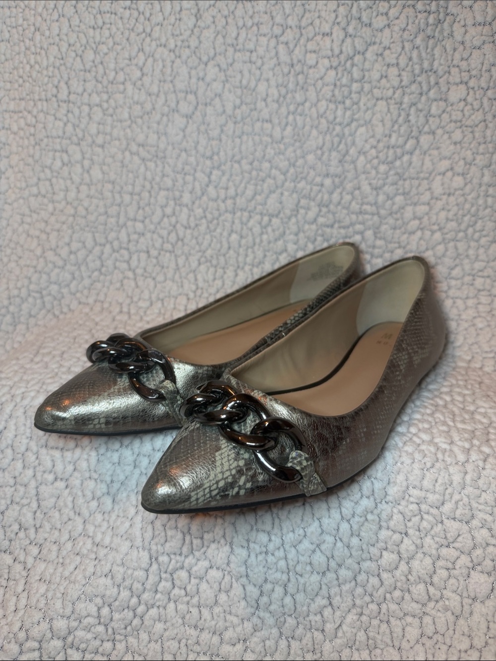Mix No. 6 Metallic Snake-Print Pointed Chain-Trim Flat - Silver